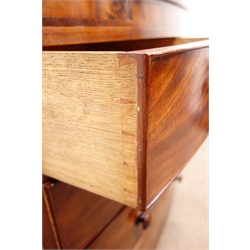  Victorian bow front mahogany chest, two short and three long cockbeaded drawers with turned wooden handles on turned feet, W109cm, H110cm, D55cm  