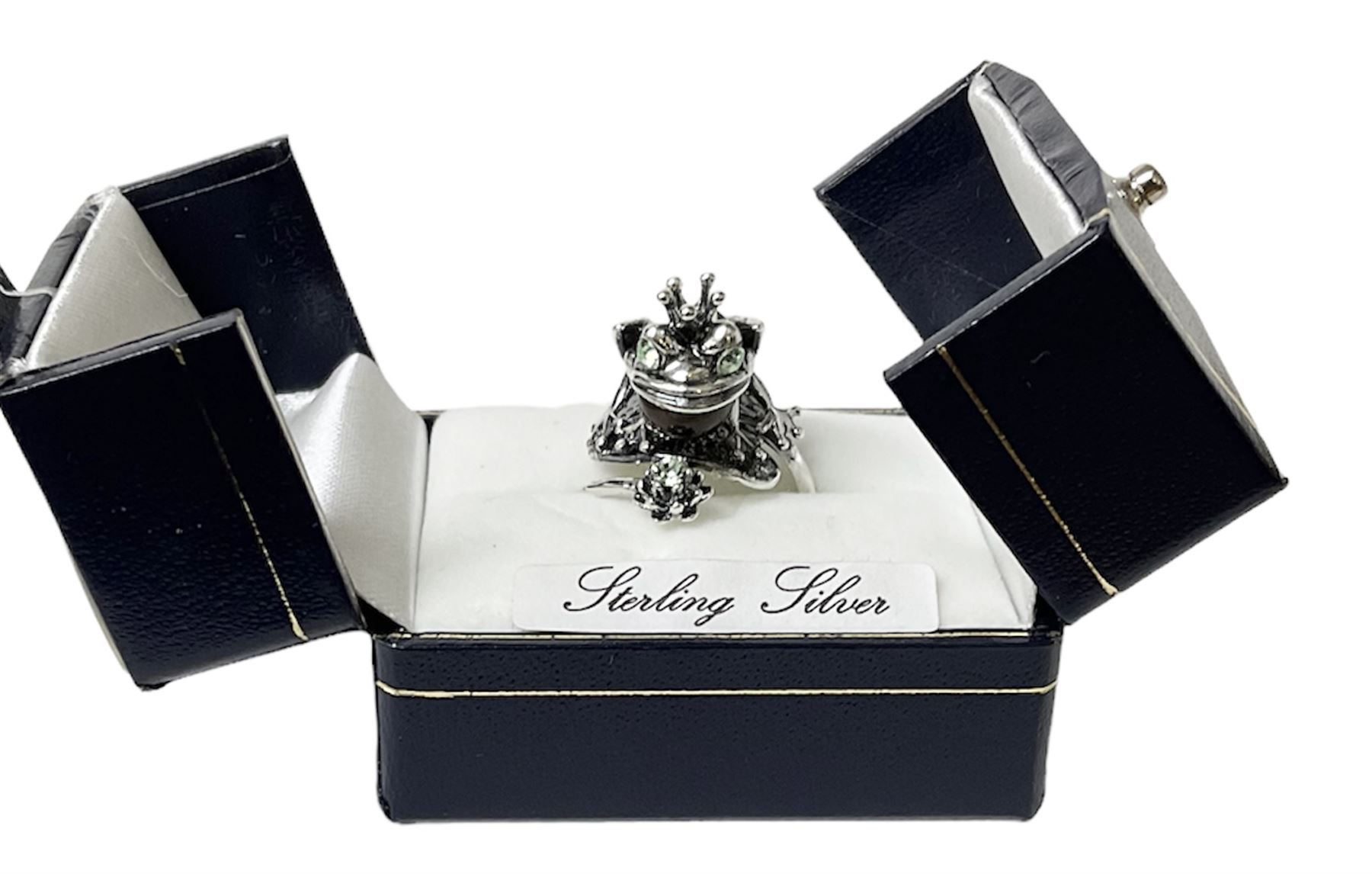 Silver Baltic amber and green stone set frog prince adjustable ring, boxed