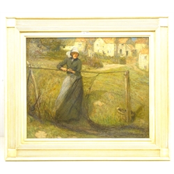  Mark Senior (Staithes Group 1862-1927): 'Mrs Peggy Calvert' Mending Nets at Runswick Bay, oil on canvas signed 48cm x 59cm Provenance: purchased by the vendor from Phillips & Sons, Cookham, May 1994, label verso. The lady in the picture was identified as Mrs Peggy Calvert by her granddaughter who still lives at Runswick Bay   
