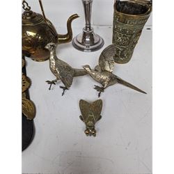 Collection of metal ware, including Viners silver plated candelabrum, metal birds, 
 horse brasses etc