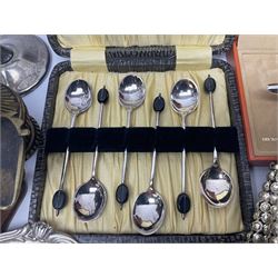 Saint Hilaire duck bottle opener, five silver plated knives/forks with silver ferrules, copper trinket box, silver plated concertina beaded bag and other collectables