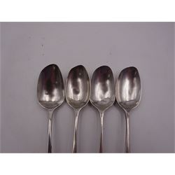 Group of silver spoons, including set of six 1930's silver coffee spoons, hallmarked W H Haseler Ltd, Birmingham 1934, contained within a fitted case, a set of four William IV Old English pattern teaspoons, no assay office mark, date letter for 1835, maker's mark worn and indistinct, a 1930's pickle fork with mother of pearl terminal, hallmarked Viner's Ltd, Sheffield 1934, and four other silver spoons, approximate total silver weight 5.39 ozt (167.5 grams)