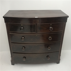 Victorian mahogany bow front chest, two short and three long drawers, shaped plinth base, W106cm, H107cm, D53cm  