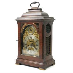 18th century twin fusee bracket clock with recoil anchor escapement the steel and brass dial inscribed Joseph Lake, London with strike silent ring and ormolu spandrels, engraved back plate in caddy top walnut case H47cm