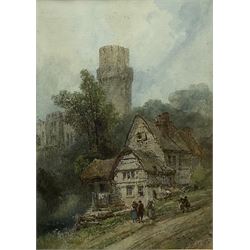 Paul Marny (French/British 1829-1914): Warwick Castle with Old Cottages and Figures in the foreground, watercolour signed 40cm x 29cm
