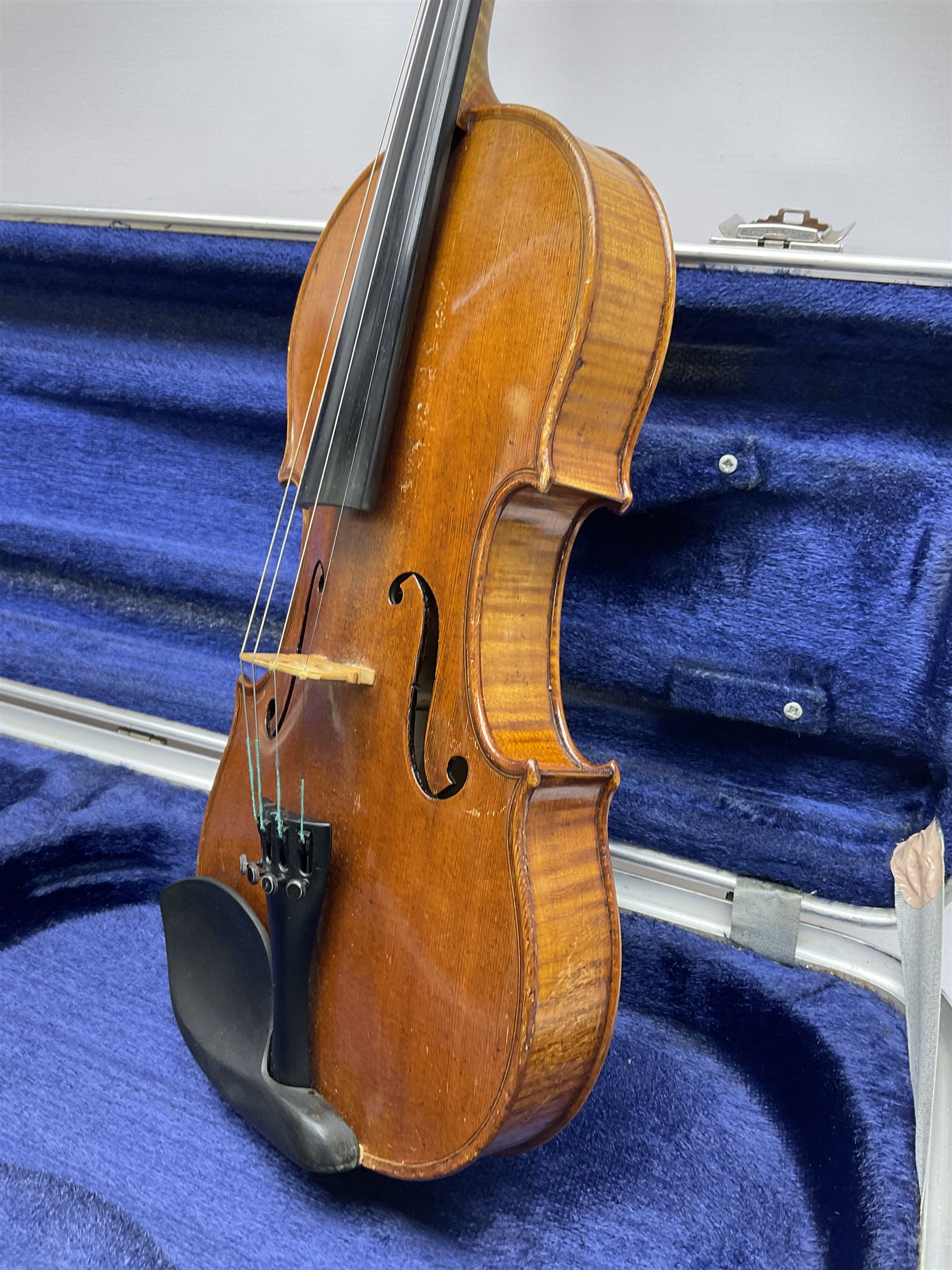 Early 20th century German Ernst Kreusler violin with 36cm two-piece maple back and ribs and spruce top, bears label 'Ernst Kreusler Dresden Anno 1925  Hand made reproduction of Antonius Stradivarius Cremona', overall L59cm; in hard carrying case
