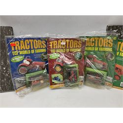 Thirty six diecast tractors, together with several issues of Tractors and The World of Farming magazine, six in original packaging and others housed in folders, in two boxes 