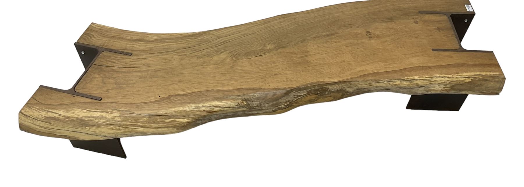 Raw edge shaped oak plank bench or side table on steel RSJ supports