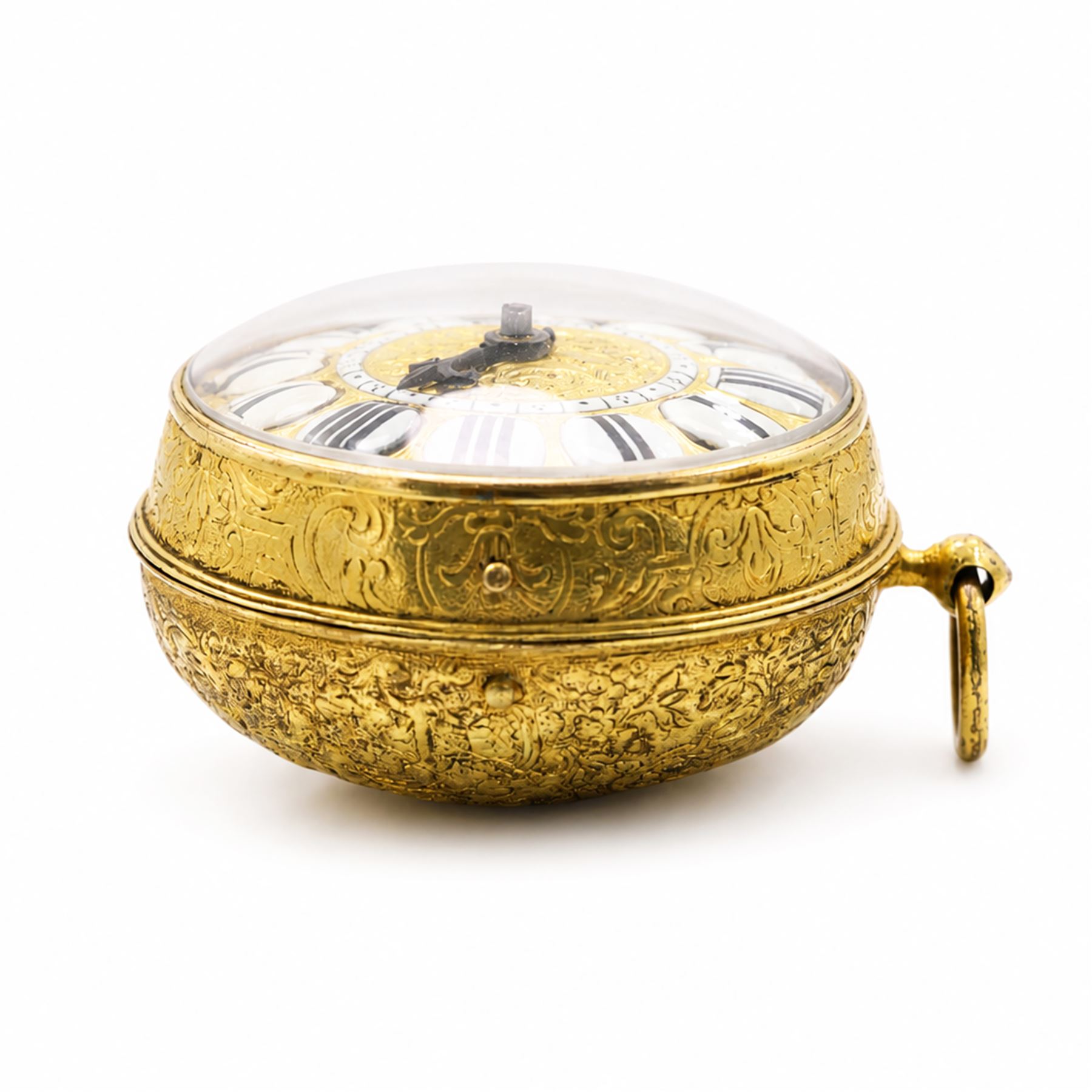 18th century French open face gilt verge fusee pocket watch by Jacques Panier, Paris, Egyptian pillars and pierced balance cock, embossed gilt dial with enamelled Roman numerals cartouches and inner enamel quarter hour track ring, the repousse back case decorated with angels in a classical setting