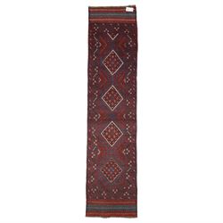 Afghan hand-knotted wool runner, dark red and indigo blue madder, with a repeating diamond...