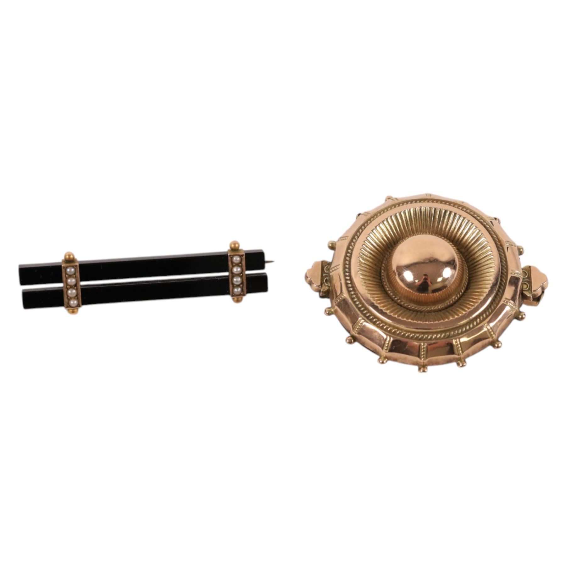9ct gold Victorian mourning brooch, stamped 9ct, jet and seed pearl brooch, 12ctct gold garnet and pearl hairwork brooch and a silver garnet cross