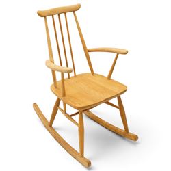 Ercol - two elm and beech rocking chairs, comprising Model 435 ‘Goldsmith’s’ rocking chair with tall spindle back and shaped crest rail, (H 120cm, W 49cm)and Model 470 ‘Windsor Tub’ rocking chair with rounded hoop back, both with shaped elm seats and curved rockers (H 73cm, W 59cm)