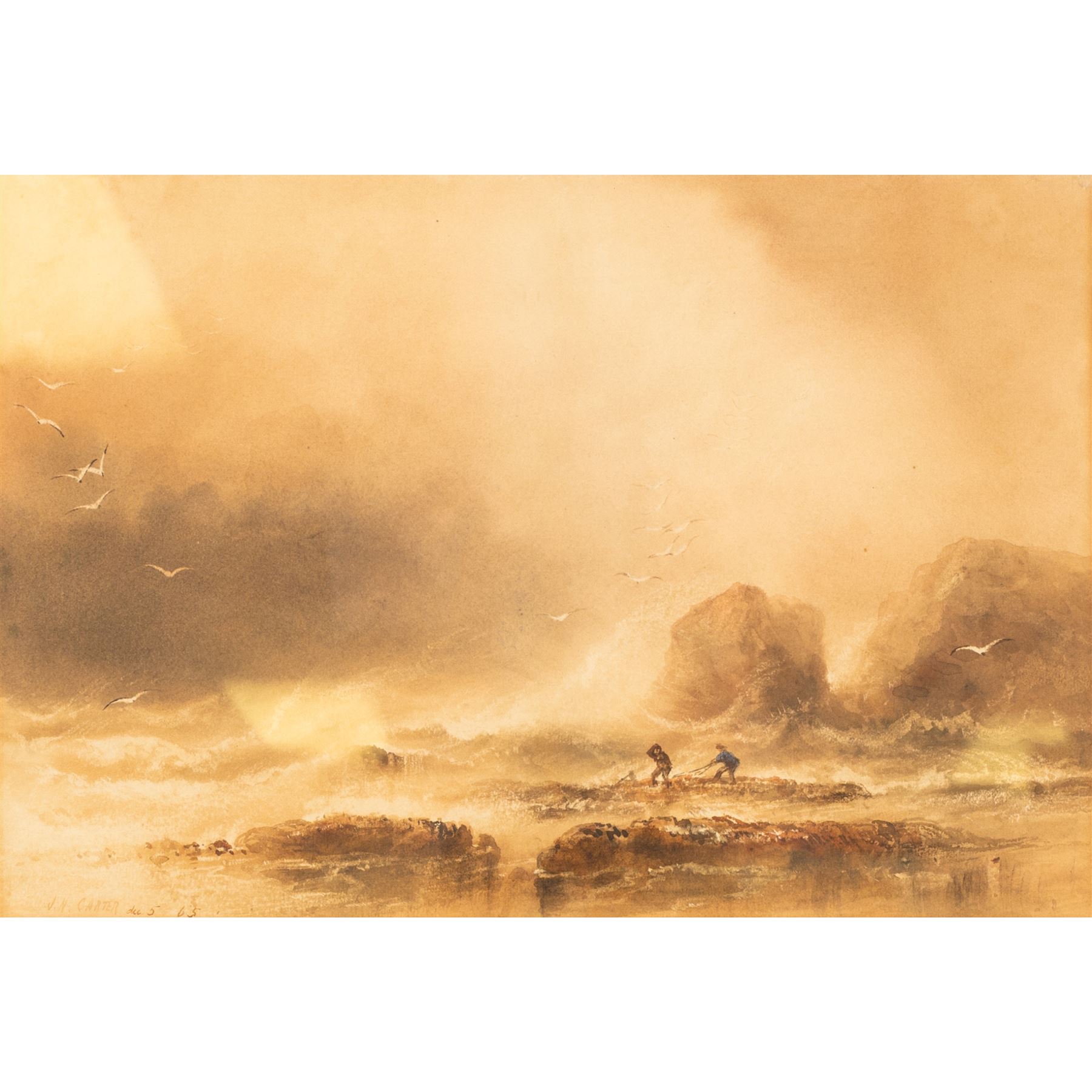 Joseph Newington Carter (British 1835-1871): Figures on the Shoreline, watercolour with scratching out signed and dated '65, 26cm x 38cm 