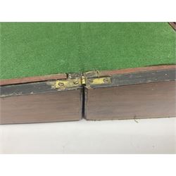 Victorian walnut and parquetry banded work box with brass shield and escutcheon, L30cm, together with mahogany writing slope with green baize writing surface, L35cm