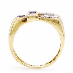 18ct gold purple sapphire and cubic zirconia dress ring, bezel set with three square cut sapphires and six cubic zirconia's, stamped 750