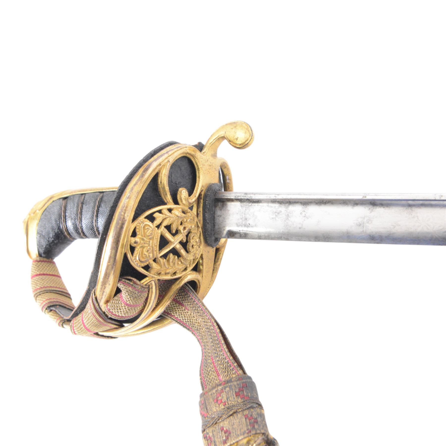 British William IV 1822 pattern Infantry General sword, retailed by John Salter cutler to Horatio Nelson and Prince Augustus Fredrick, Duke of Sussex, the 73cm curved pipe backed blade etched to both sides, with the royal monogram and the owners coat of arms and initials 'GD, brass gothic guard with original gilding, the cartouche of the crossed baton depicting the crossed baton and sword of a general, shagreen covered grip and triple wire binding, the guard complete with leather lining and gilt sword knot, in leather scabbard with three gilt brass mounts, the top mount bearing the cutlers name and address, with twin suspension rings, overall L89cm  