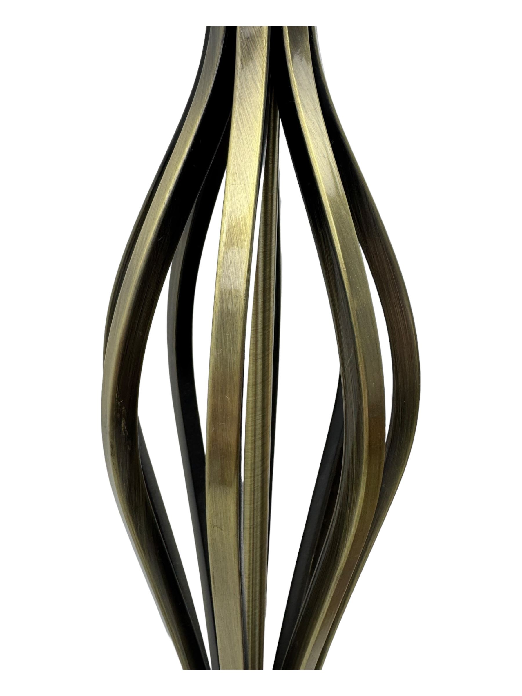 Contemporary brushed metal standard lamp, brass effect with cylindrical stem, on circular base, H131cm; matching table lamp, H35cm (2)