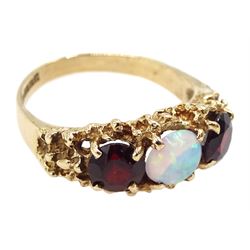 9ct gold opal and garnet three stone ring, hallmarked
