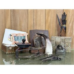 Group of decorative and collectable items to include; a horn beaker, graduated set of past...