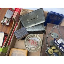 20th century brass perpetual desk calendar of triangular form, together with Mauchlin ware box (a/f), olive wood box, box with beaded decoration, other treen etc, Lesney Model of Yesteryear ashtray limited edition 1911 Renault and another similar, Royal Signals Corps buttons, motor ephemera, other misc 