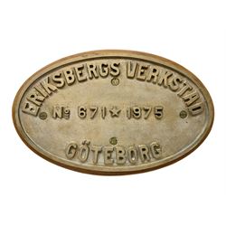 'Eriksbergs Verkstad, Goteborg, No 671, 1975' shipbuilding plaque from the tanker NOGA, H7cm, L41cm 