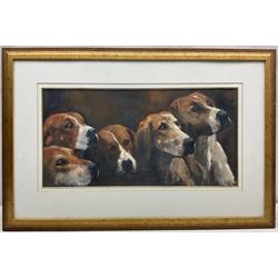 Kate Helm (British Contemporary): Five Beagles, oil on canvas board signed 25cm x 50cm