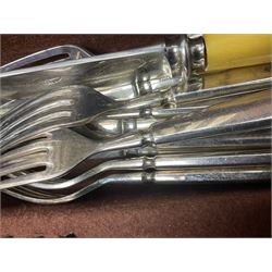 Elkington & Co part canteen of silver plated and stainless steel cutlery, to include simulated ivory handled examples, housed in oak and mahogany case, lock plate stamped 'Acme, British Made', W49cm D31cm H18cm