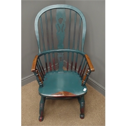  19th century rustic green painted elm and ash Windsor armchair, double stick and splat back  