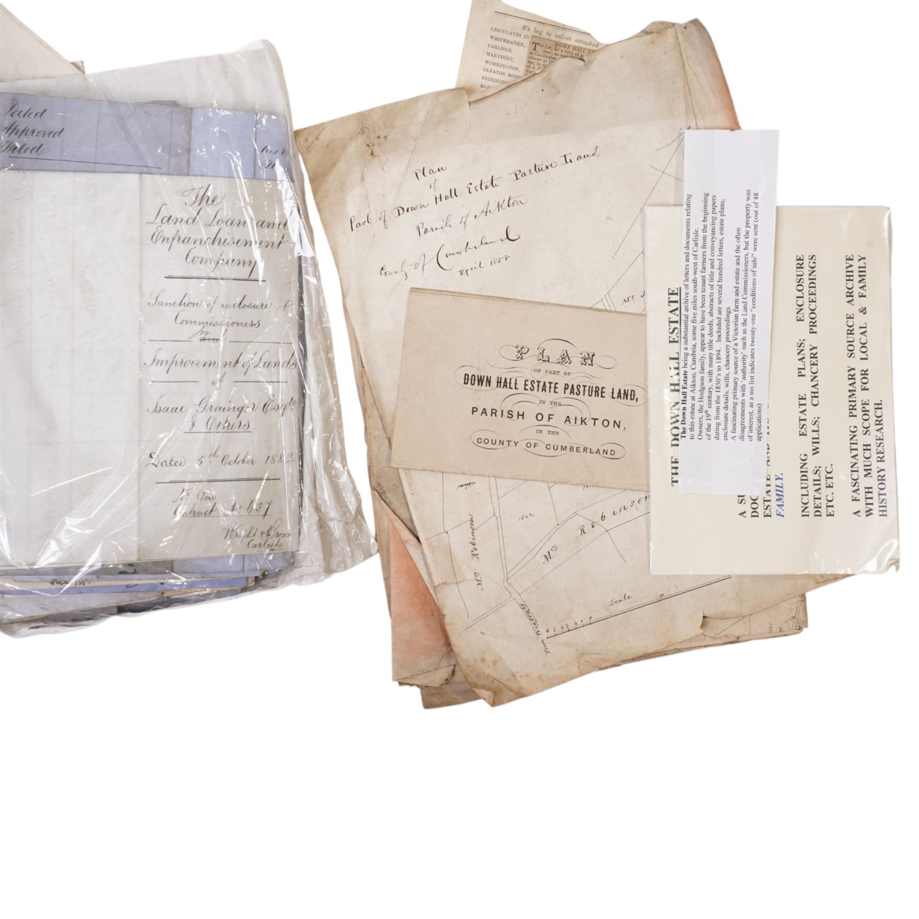 The Down Hall Estate, Aikton, Cumberland 1800-1880s - A substantial archive of letters and documents relating to the estate and the Hodgson family who farmed the estate from the early 19th century.  Includes title deeds, abstracts of title, estate plans etc
