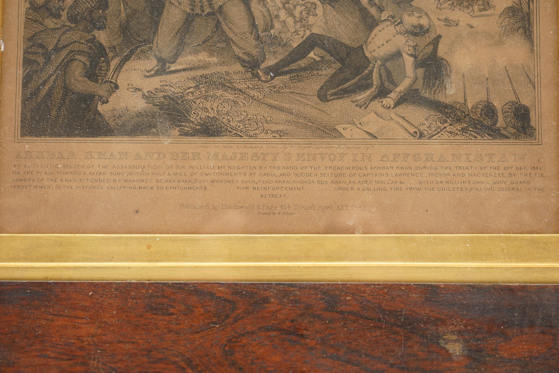 After Richard Evan Sly (British fl. 1839-1847): Akhbar Khan and Her Majesty's Envoy in Afghanistan, monochrome lithograph unsigned p.1843 by Blackwood & Page, in a rosewood frame 15cm x 24cm