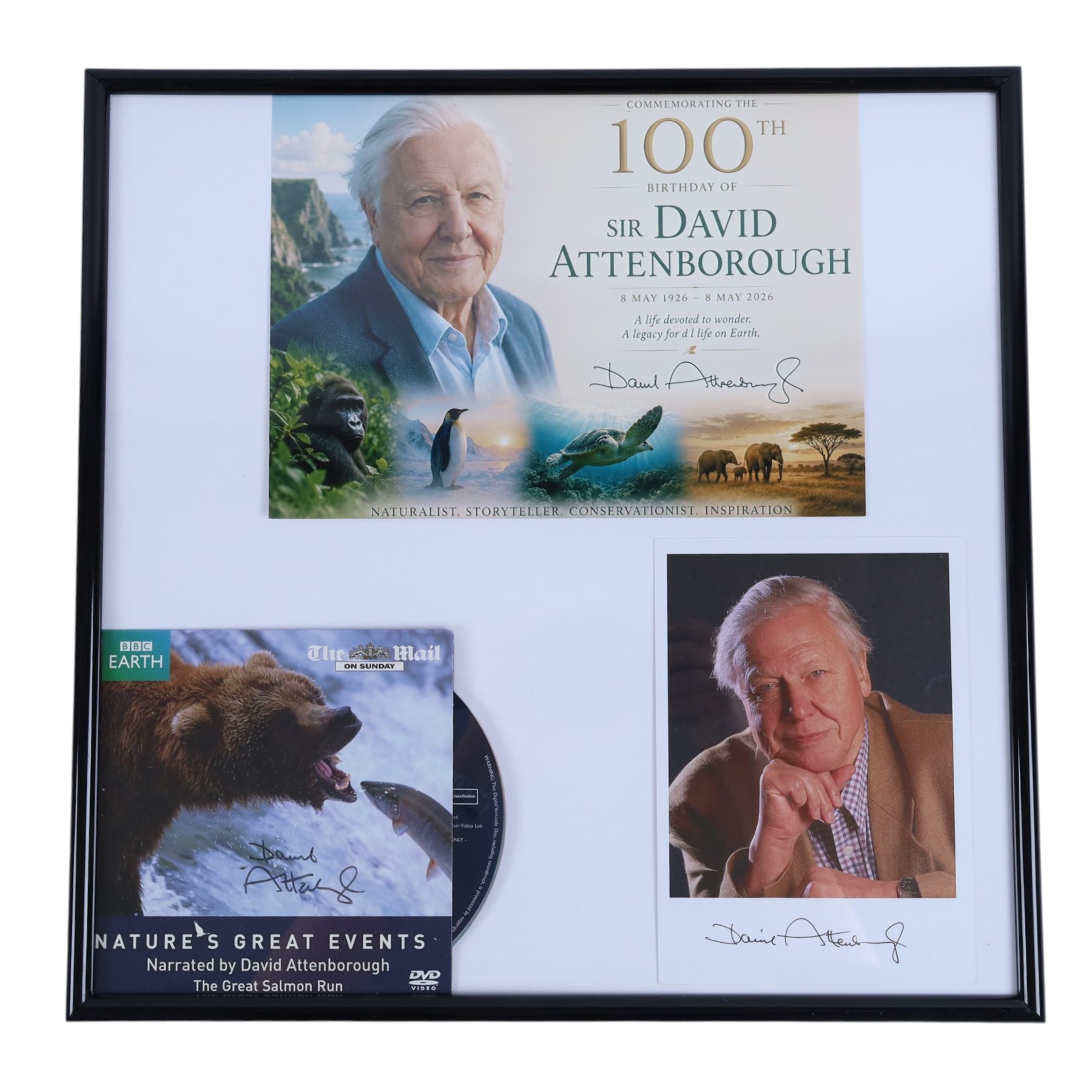 Collection of David Attenborough ephemera, to include 1976 first edition 'The Tribal Eye' hardback, framed signed items and Daily Mail Weekend 'Attenborough at 100 - My Life on Earth' newspaper