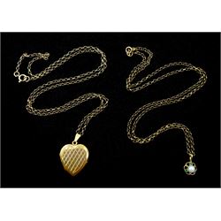 9ct gold pearl and emerald pendant necklace and a 9ct gold heart locket pendant necklace, stamped or hallmarked