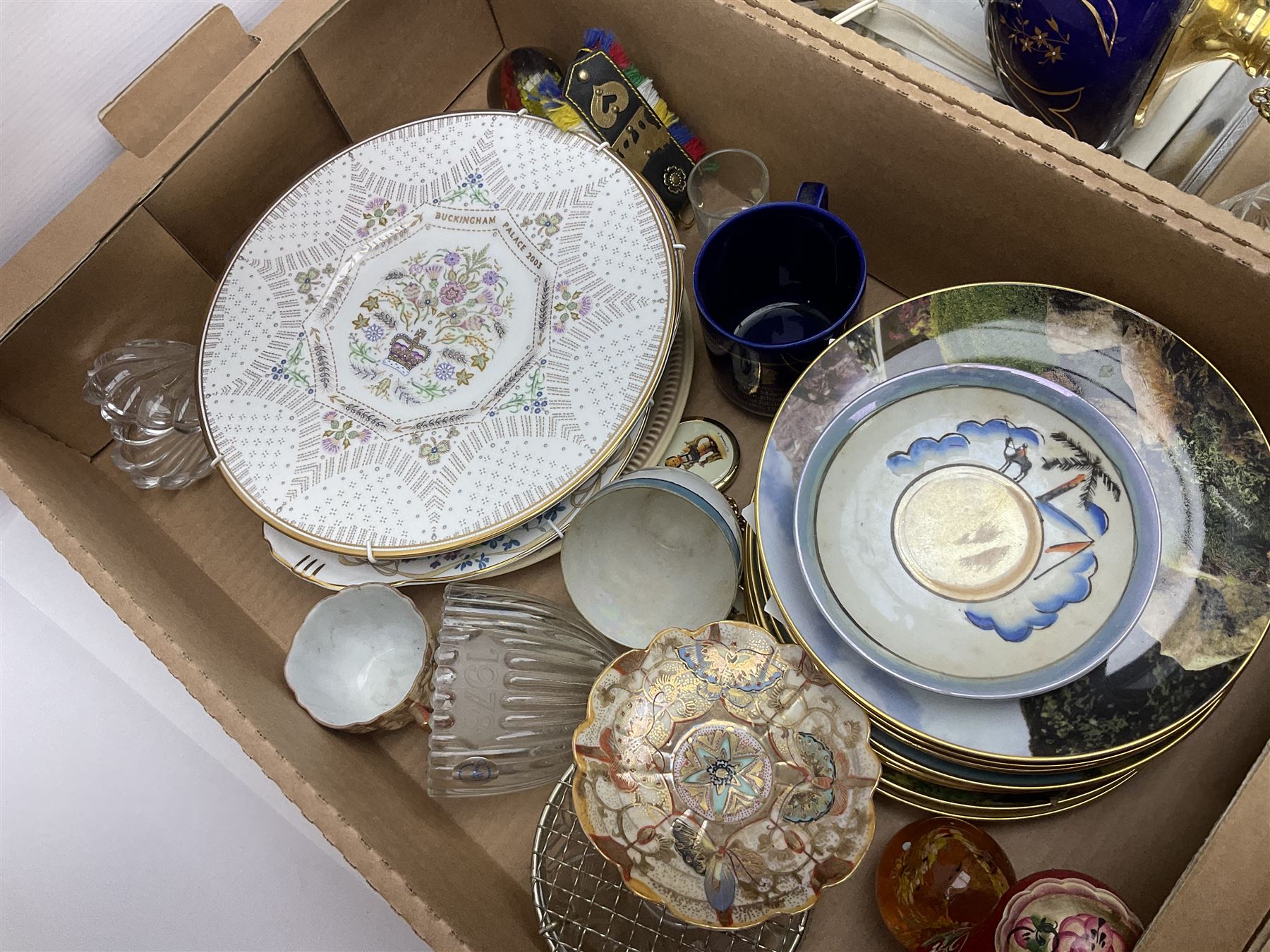 Twenty seven Porcelain Art miniature teapots, with wooden display together with a collection of other ceramics and glassware etc, including Goebel Hummel collectors plates, in three boxes,