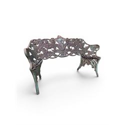 Victorian naturalistic design heavy cast iron garden bench, well defined fern pattern curved back-rest with arms, lacking seat slats for restoration