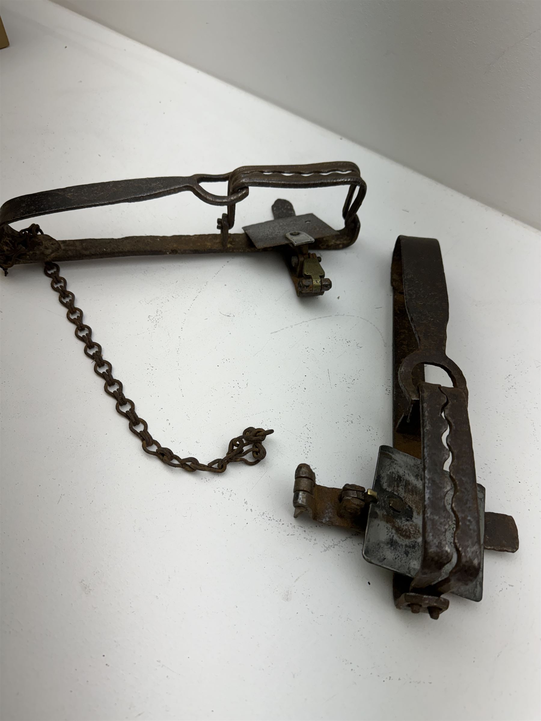 Two miners lamps, together with animal traps, bull whip etc 