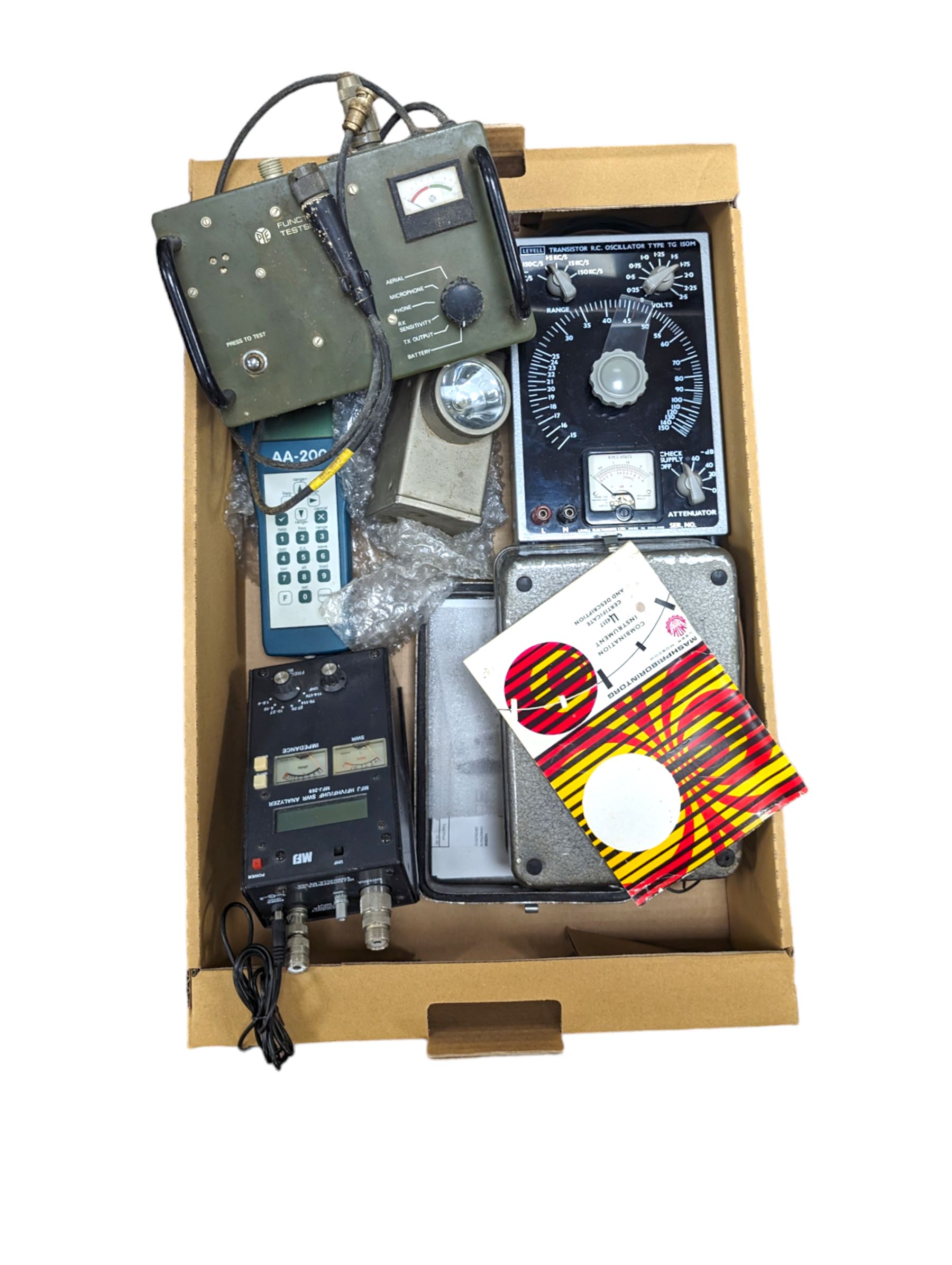 Electrical testing equipment and similar, to include Levell Transistor RC Ocillator type TG 150M, PYE Function Tester, RigExpert AA-200, etc