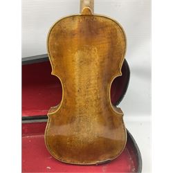 Late 19th century Saxony violin with 36cm one-piece maple back and ribs and spruce top; bears label 'Josef Klotz in Mittenwalde Anno 1795' L60cm overall; in ebonised wooden 'coffin' case