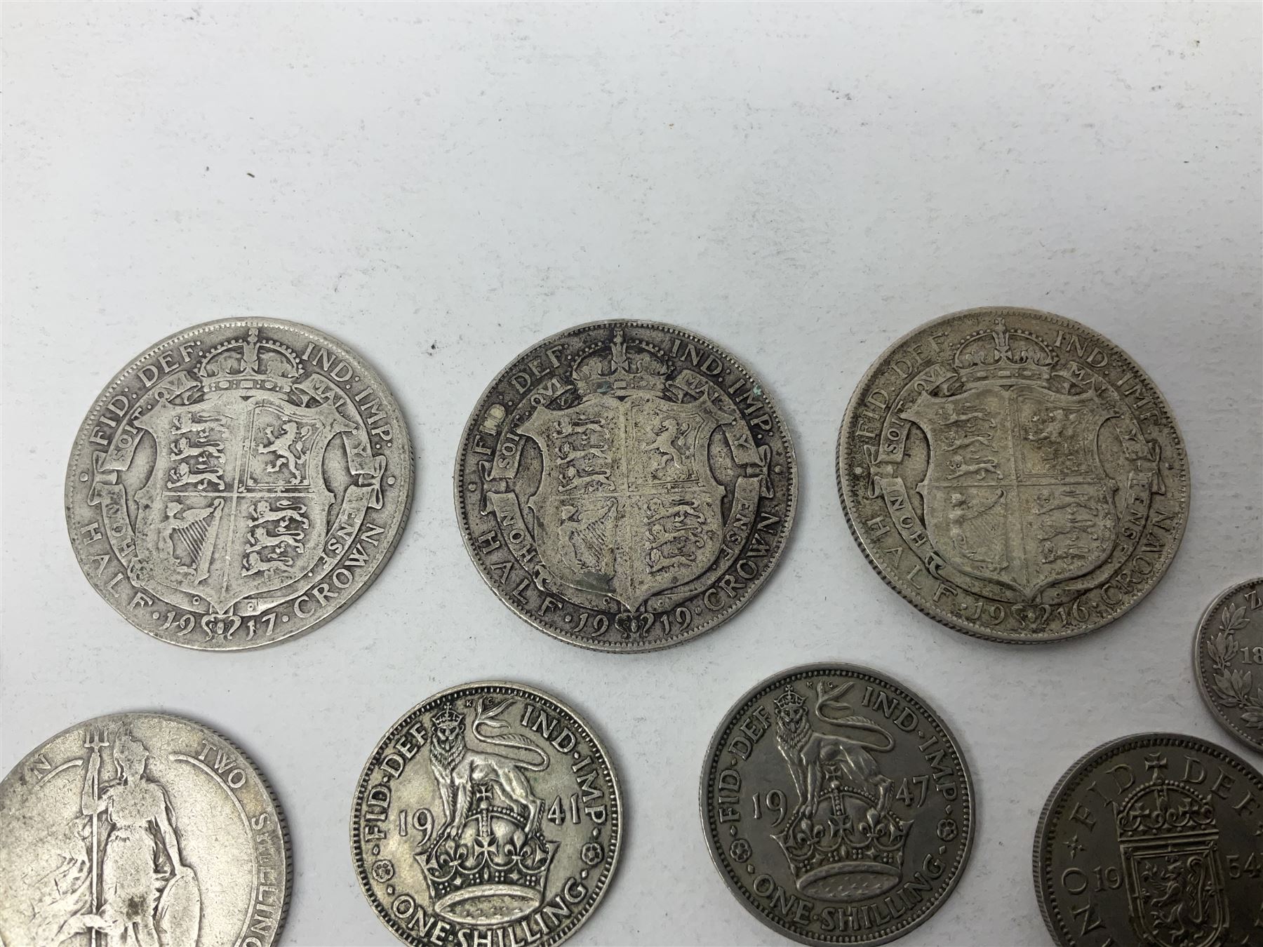Three King George V silver halfcrown coins dated 1916, 1917, 1919, King Edward VII and Queen Victoria pre 1920 silver coins and other coinage