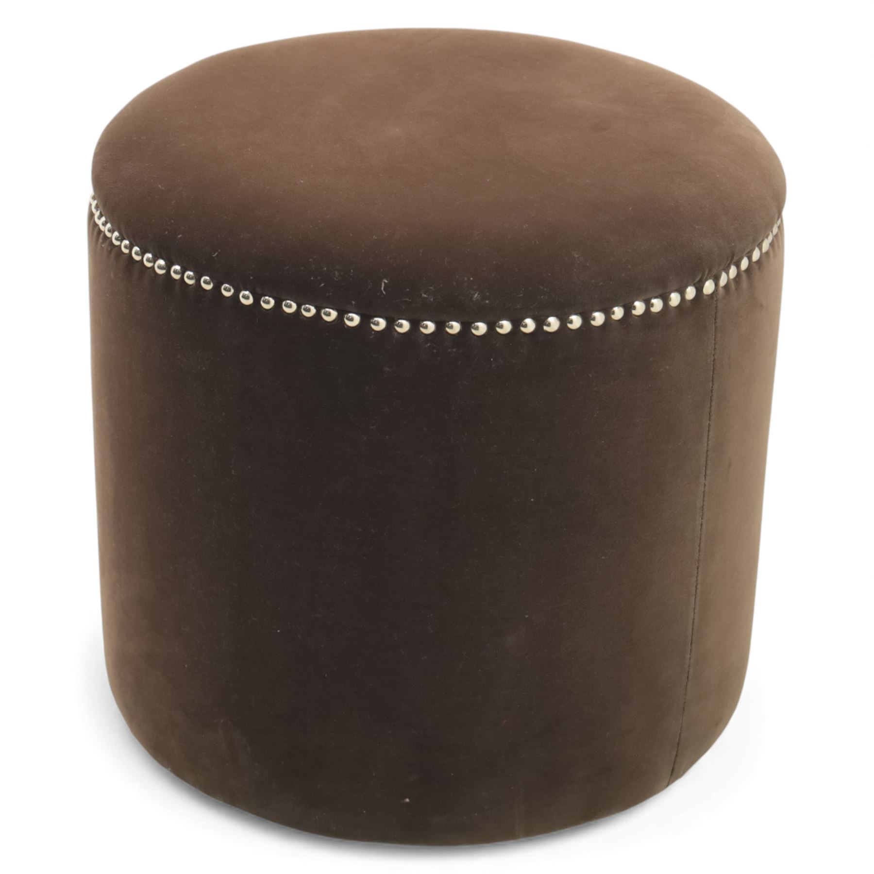 Oka - Costellina circular ottoman stool upholstered in truffle velvet, metal studs lining the top edge