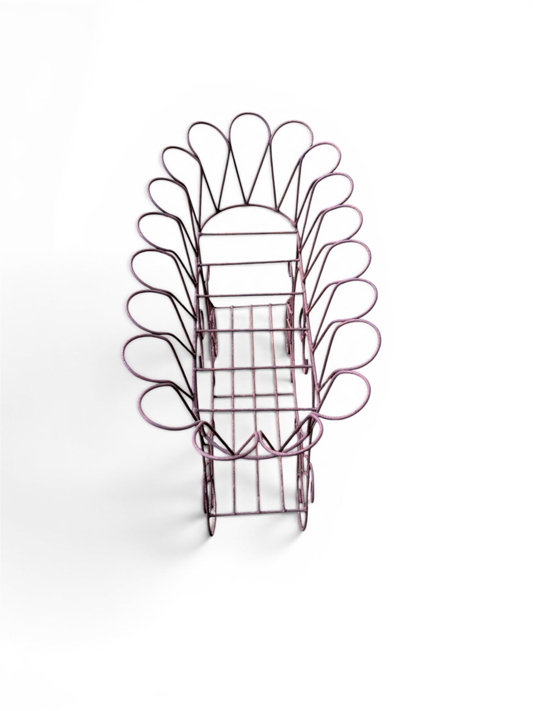 Mid-20th century wirework garden planter, oval form with heart shaped centre, under-tier shelf above scrolling feet