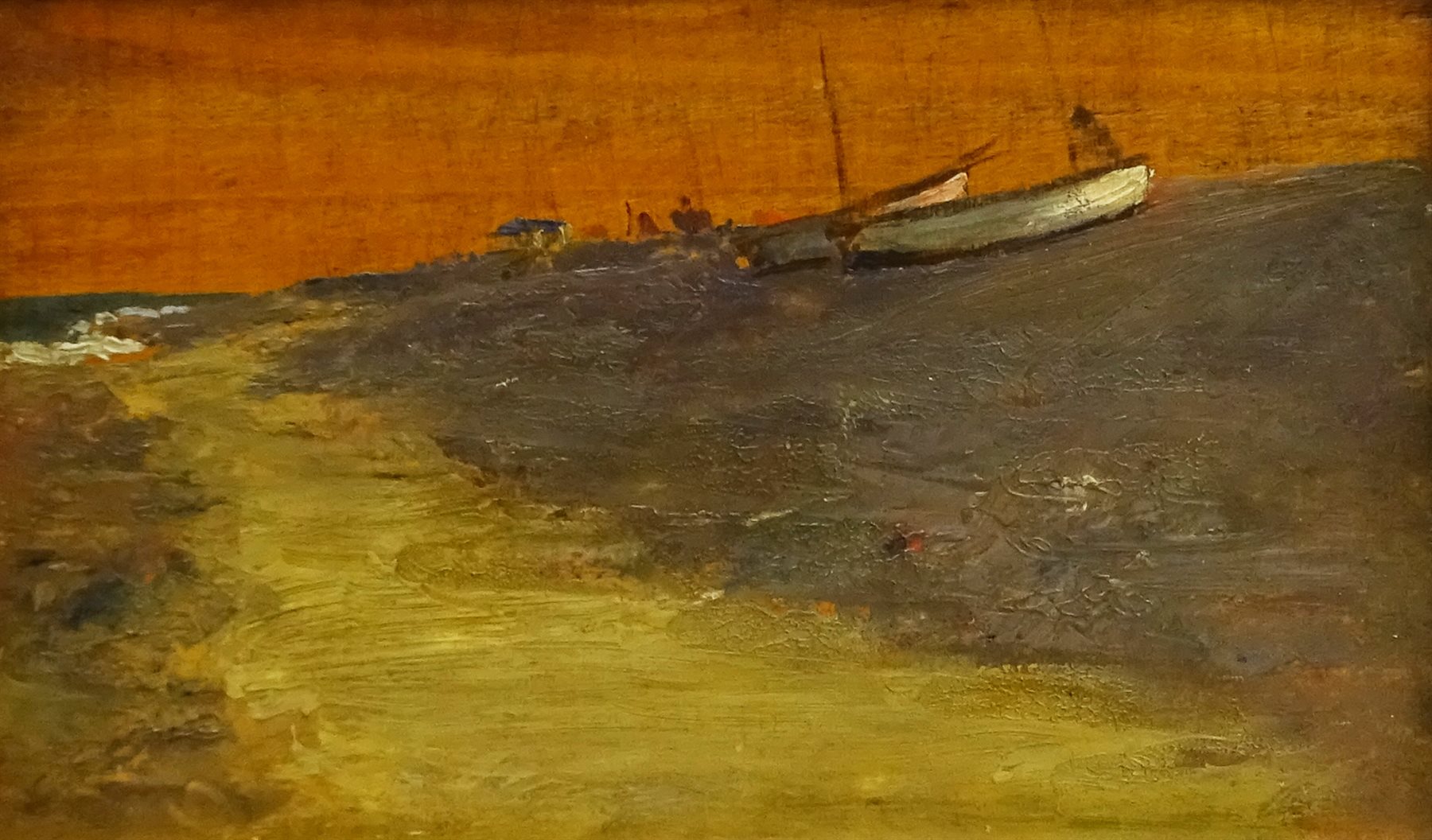 George Faulkner Wetherbee RI, ROI (American 1851-1920): Land Beach and Village scenes, set four oils on panels, one signed verso 13cm x 23cm (4) 