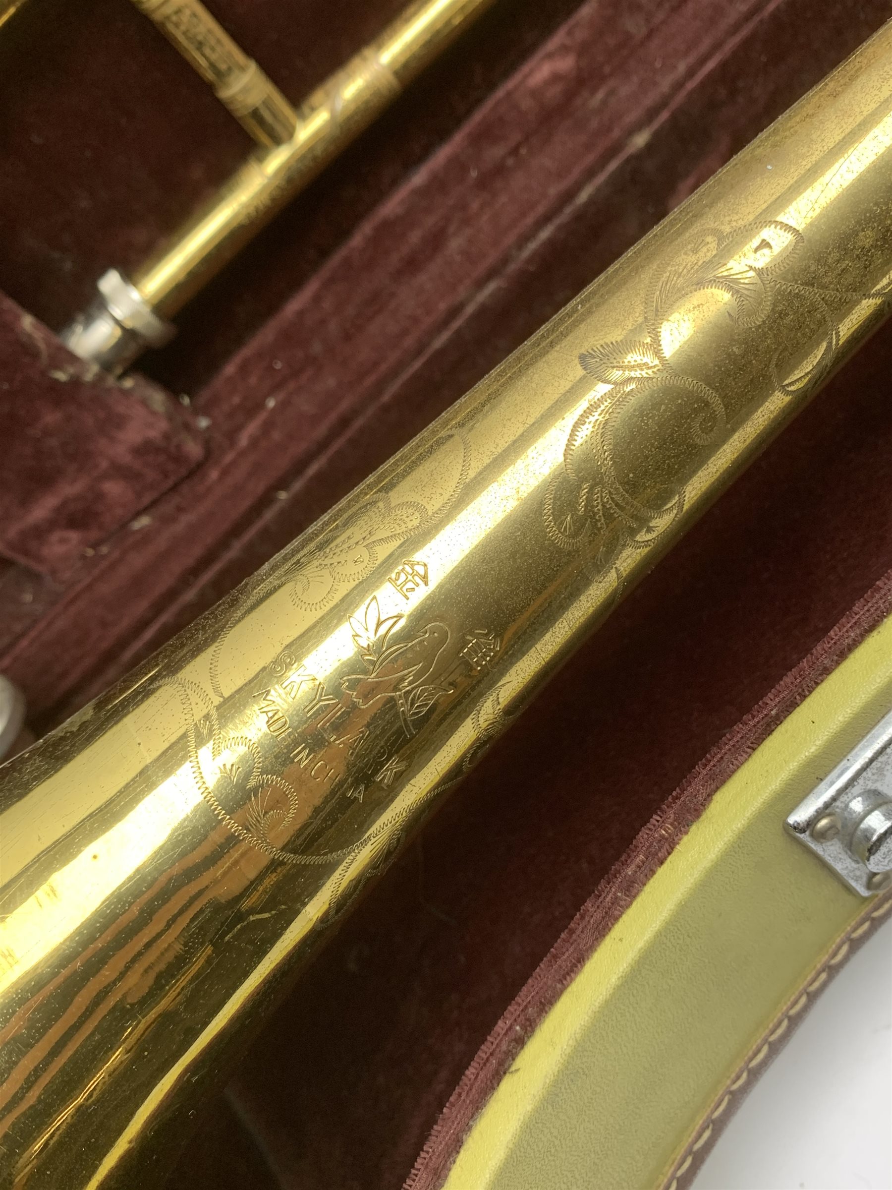 Skylark brass two-piece trombone, in fitted case with mouthpiece