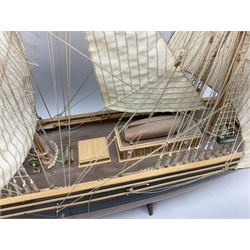 Three masted kit built sailing ship with cloth sales, deck fittings and full rigging, on open display, L110cm, H80cm  