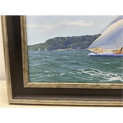 George Drury (British 1950-): 'Velsheda and Endeavour Racing On the Solent', oil on board signed, titled verso 38cm x 48cm 