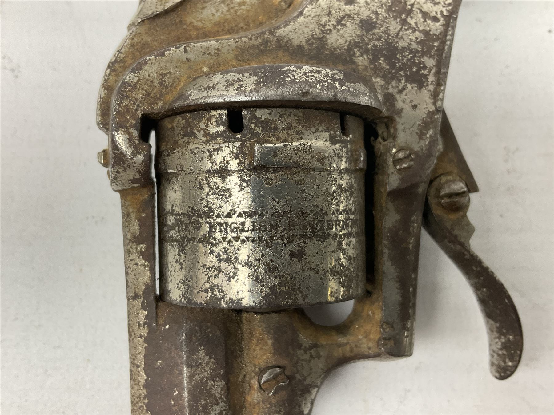 19th century 7mm six-shot pin-fire revolver, with folding trigger, two-piece ebonised grip and ejector rod in butt L17cm