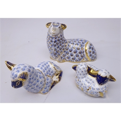  Three Royal Crown Derby paperweights: Premier Ram dated 1991, lamb and pair lambs, gold stoppers (3)  