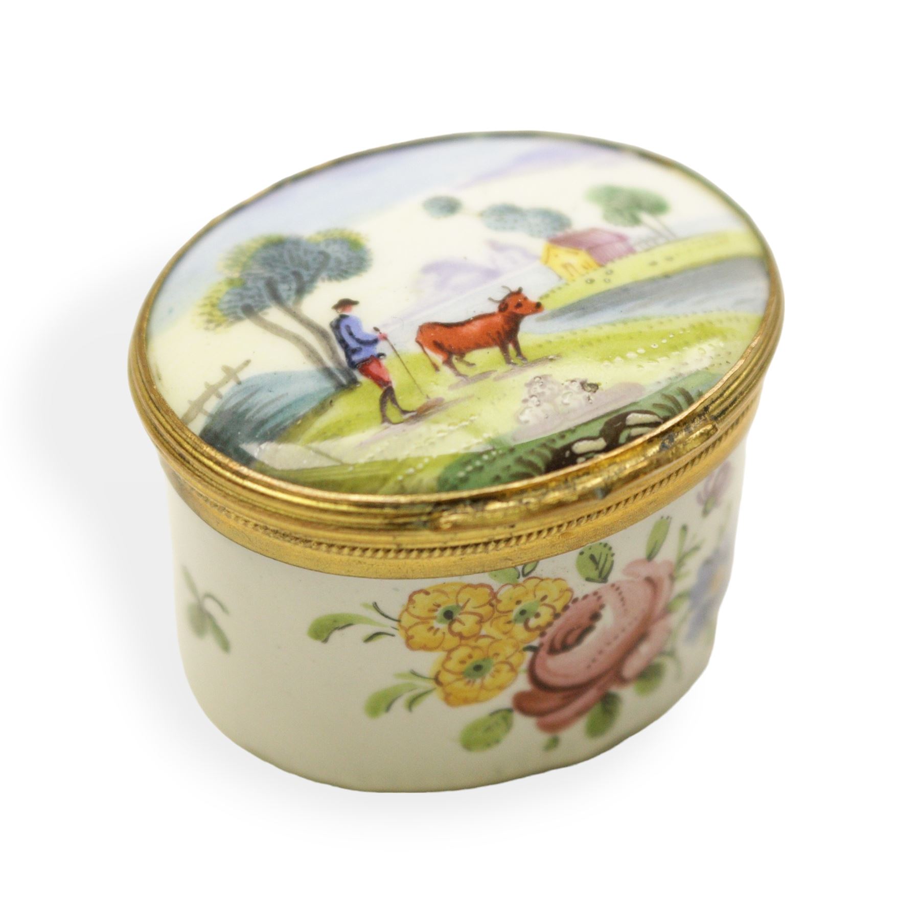 19th century enamel pill box, the lid decorated with an English countryside scene, H3cm