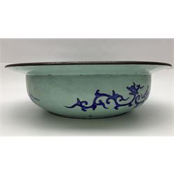 18th/19th century Chinese Canton enamel basin, the circular basin with flat everted rim, decorated with scrolling foliate and fruit decoration on a blue ground, D43cm