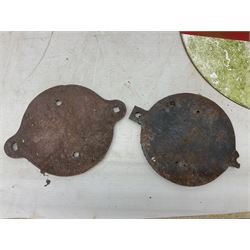 Victorian cast iron railway wagon plate, 'To Carry 10 Tons 4012, Registered by LNER-D 1898', together with a similar mid 20th century example, a smaller cast iron LMS wagon plate, Chalwyn signalling lamp, Give Way to Trains enamel sign and an enamel signal sign