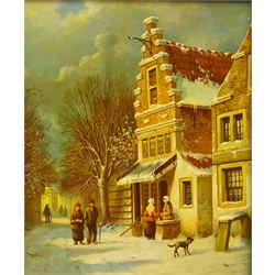  Figures Walking Along Village Path in the Snow and one similar, pair 20th century oils on board unsigned 29.5cm x 24cm (2)  
